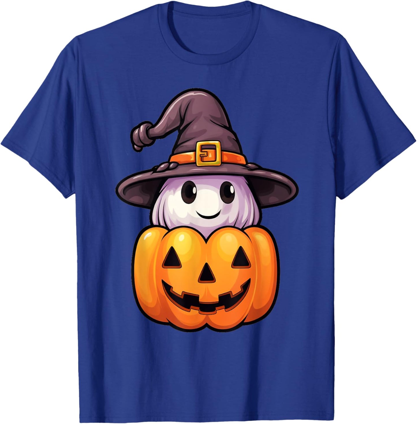 Ghost with Witch Hat on a Halloween Pumpkin Jack O Lantern T-Shirt - T-Shirt | Royal
