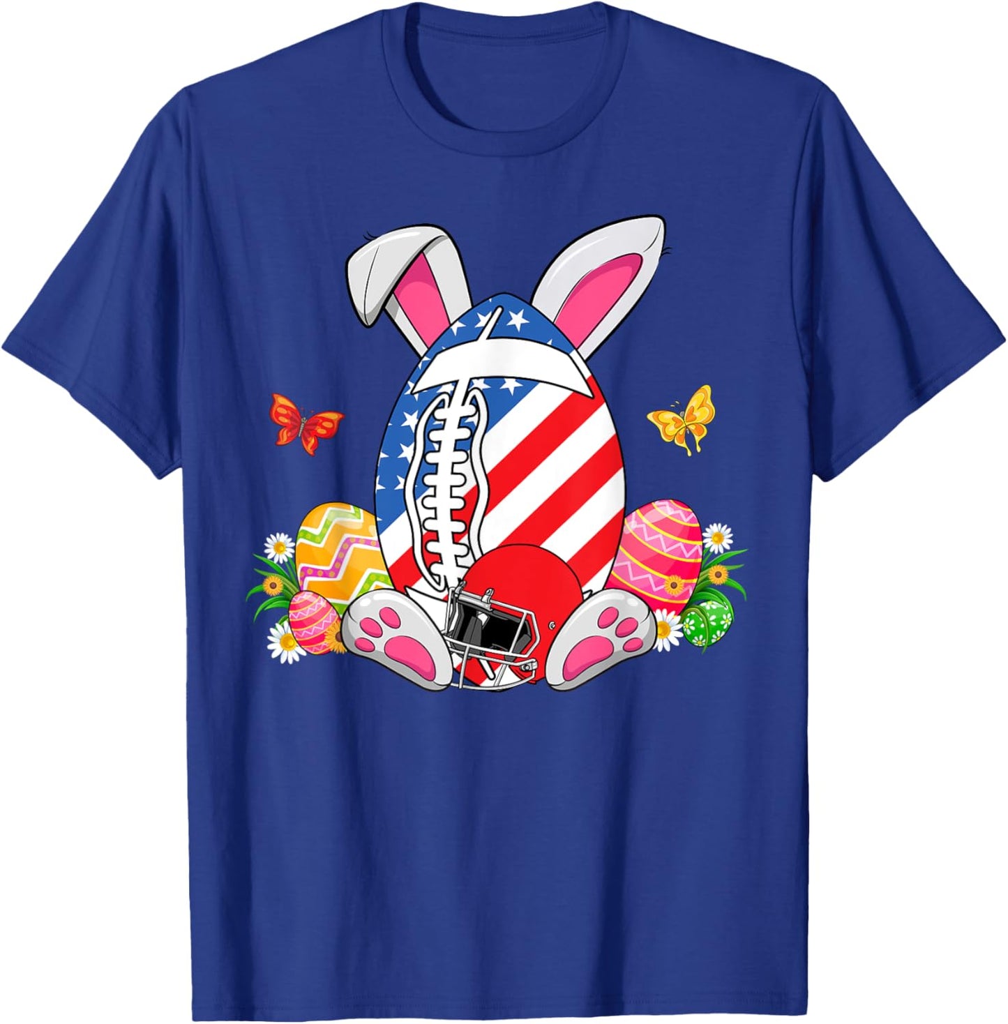 Football Ball With Helmet USA Flag & Bunny Ears Easter Day Women Kids Men T-Shirt - T-Shirt | Royal
