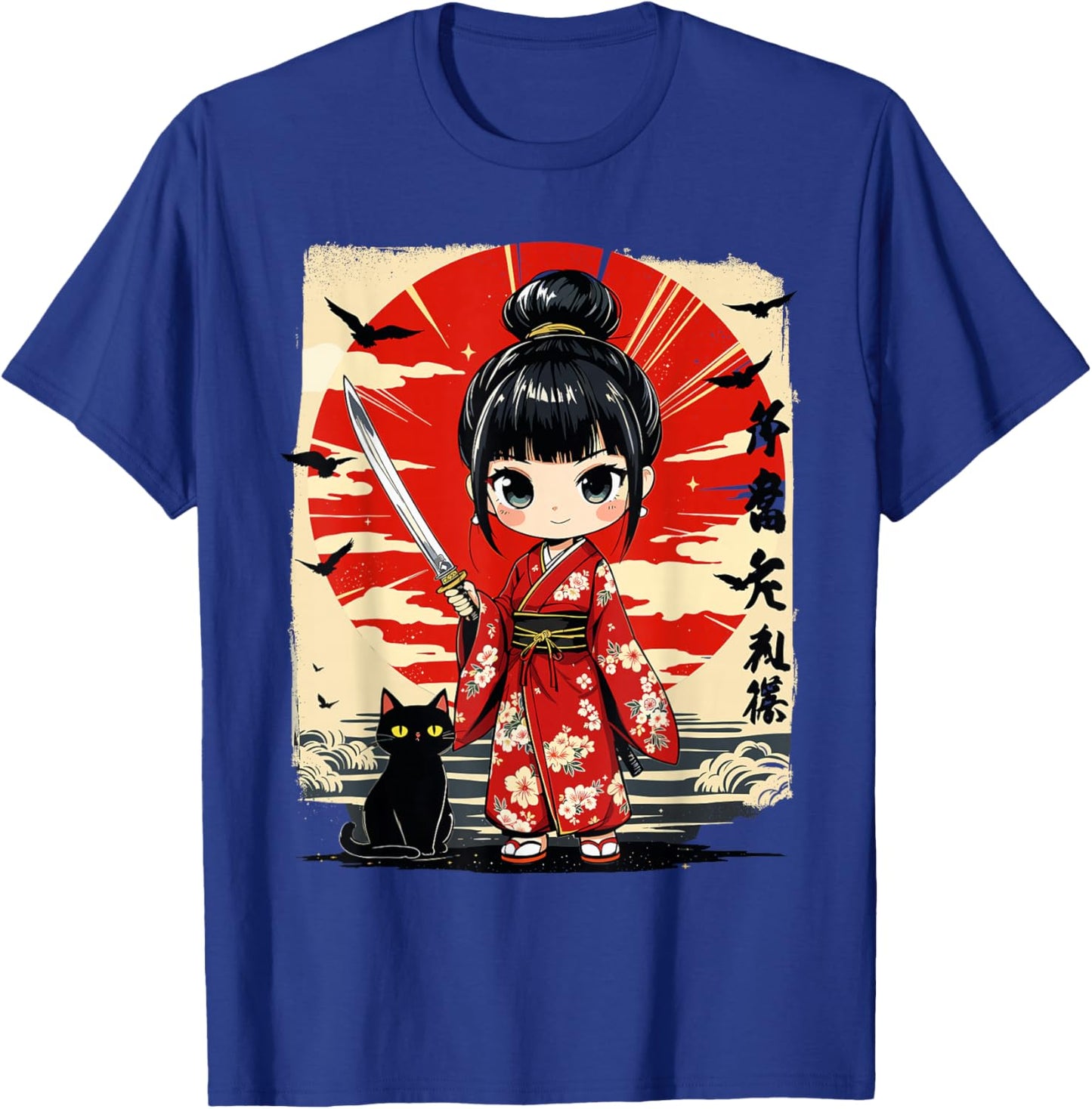 Cute Kawaii Samurai Girl and Cat Japanese Anime Kids Girls T-Shirt - T-Shirt | Royal