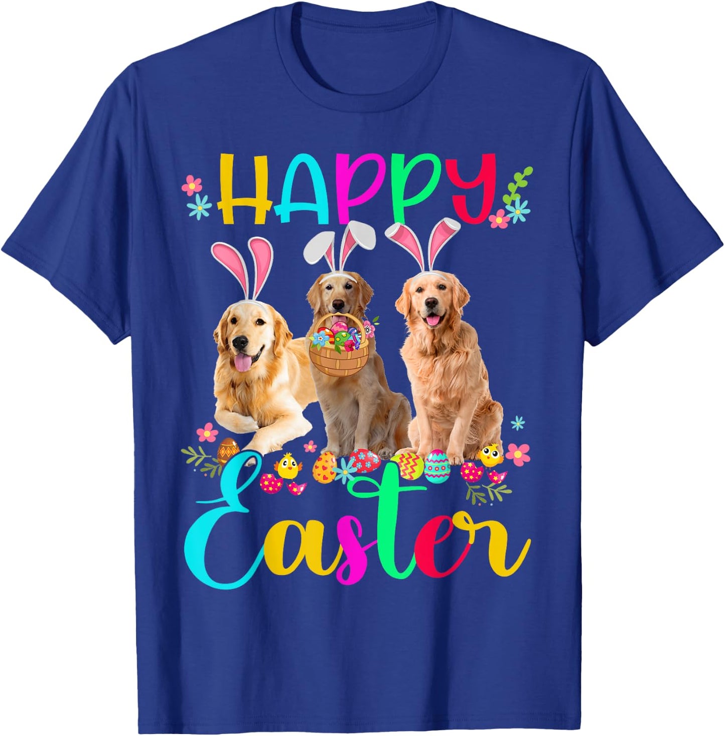 Happy Easter Three Golden Retriever Wearing Bunny Ear Gifts T-Shirt - T-Shirt | Royal