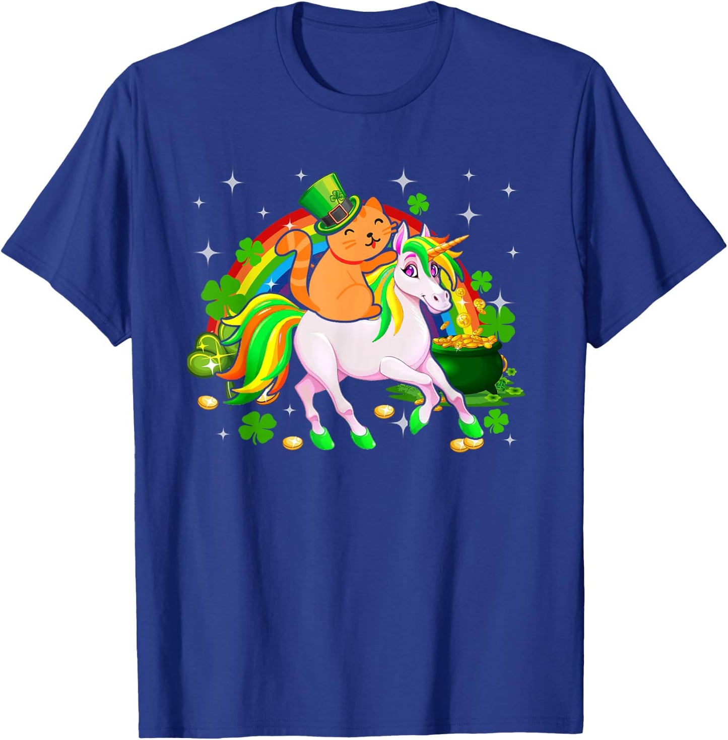Leprechaun Cat Riding Unicorn Happy St Patrick's Day Gifts Women Kids T-Shirt - T-Shirt | Royal
