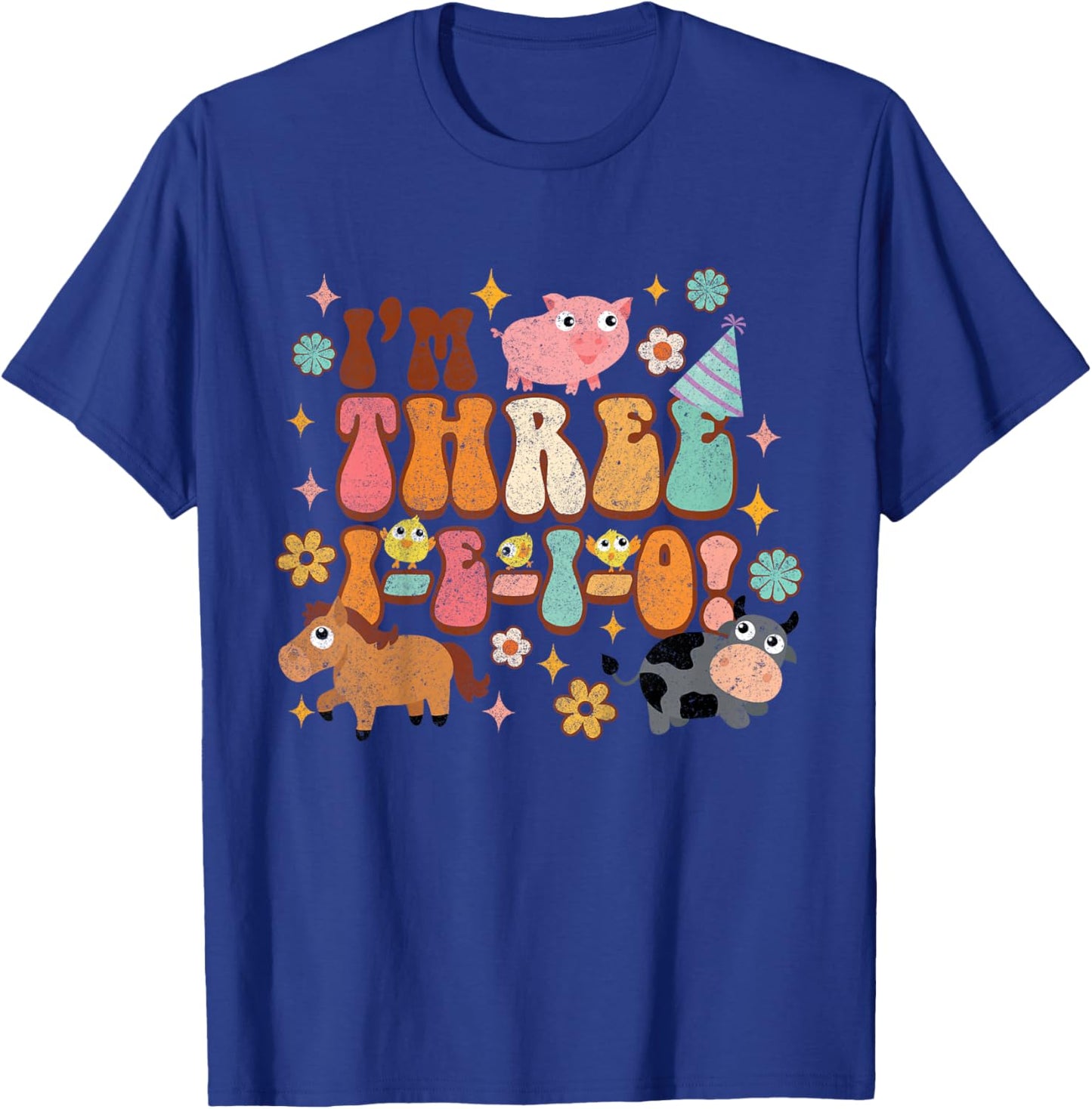 Kids I'm Three I E I O Country Farm Birthday 3rd Birthday Party T-Shirt - T-Shirt | Royal