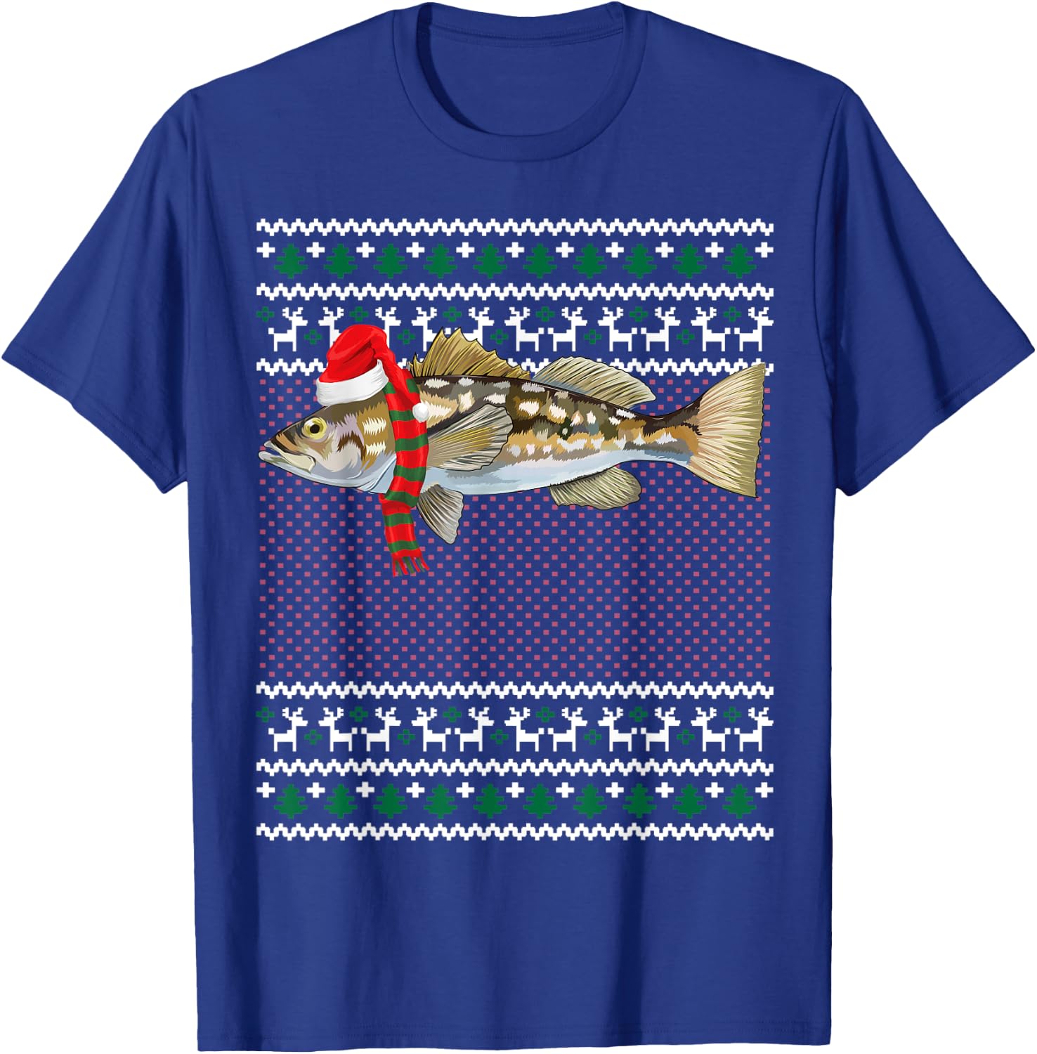Funny Xmas Santa Hat Calico Bass Ugly Christmas T-Shirt - T-Shirt | Royal