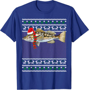 Funny Xmas Santa Hat Calico Bass Ugly Christmas T-Shirt - T-Shirt | Royal