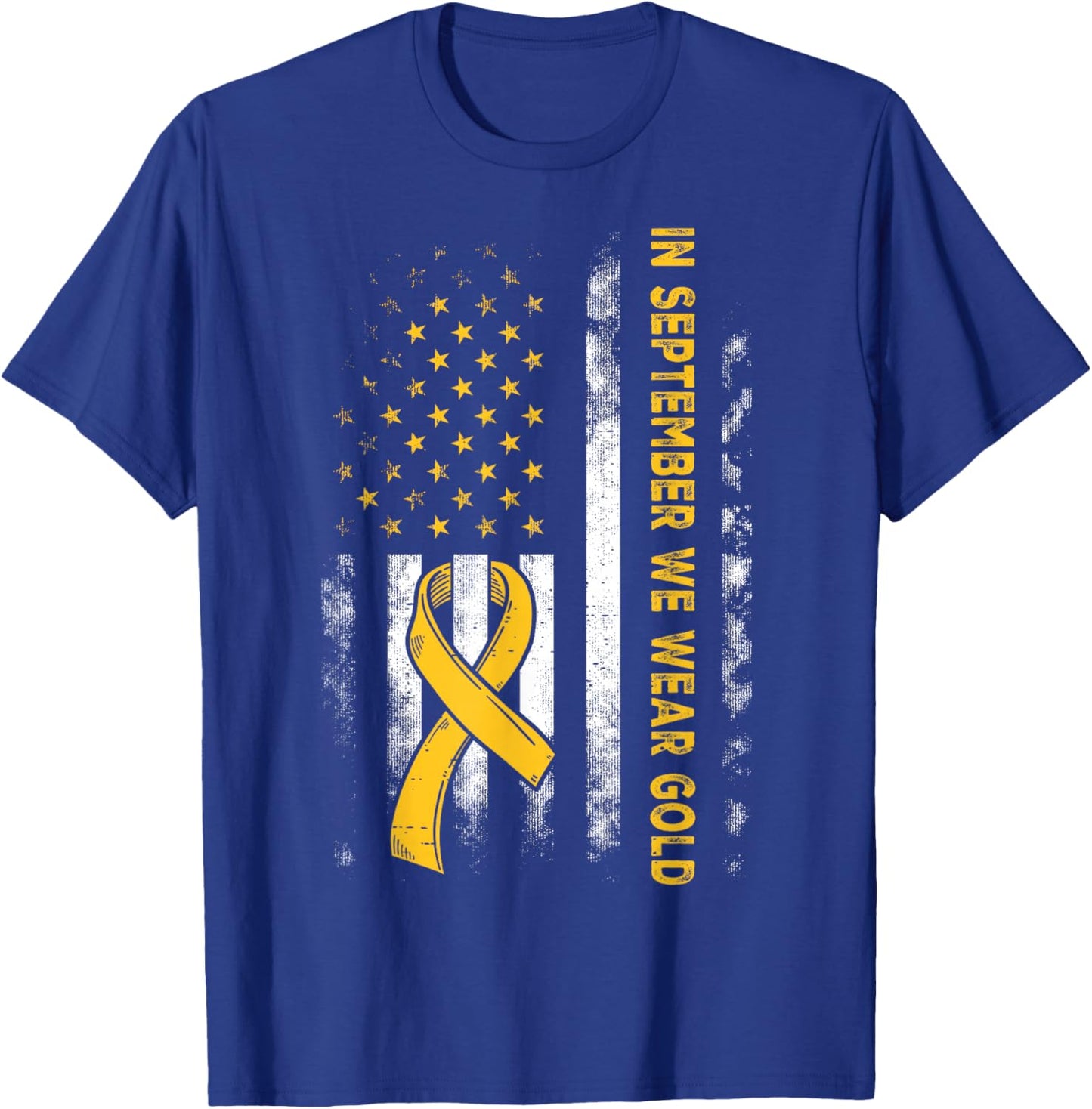 In September We Wear Gold Us Flag Childhood Cancer Awareness T-Shirt - T-Shirt | Royal