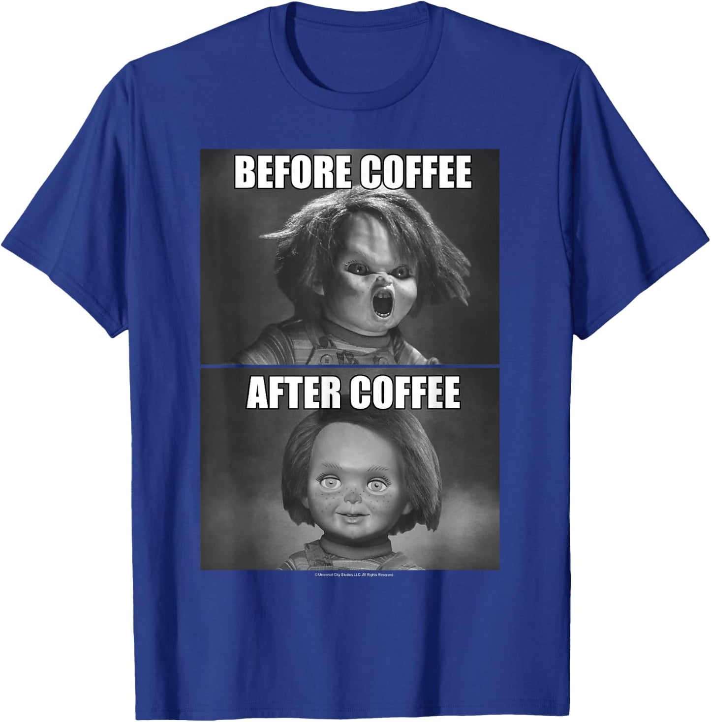 Child's Play Chucky Before Coffee After Coffee T-Shirt - T-Shirt | Royal