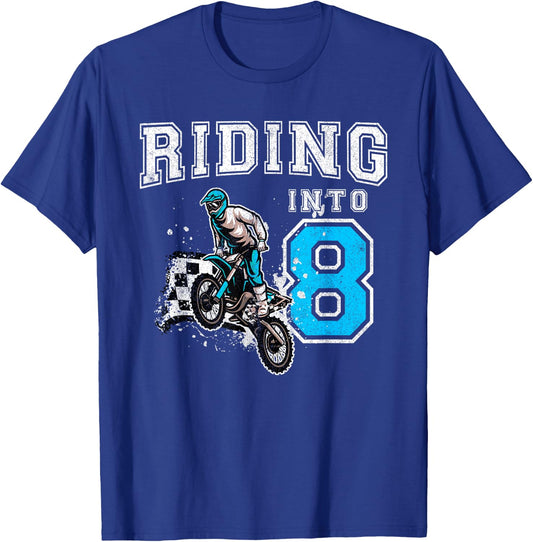 Riding Into 8 Years Old 8th Birthday Boy Dirt Bike Party T-Shirt - T-Shirt | Royal