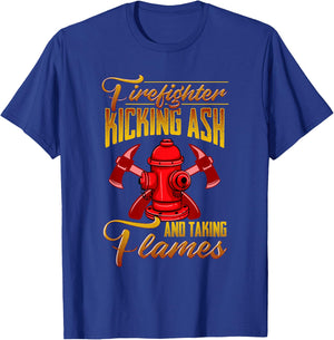Fireman Gift Fun Firefighter Kickin Ash Thin Red Line Pride T-Shirt - T-Shirt | Royal
