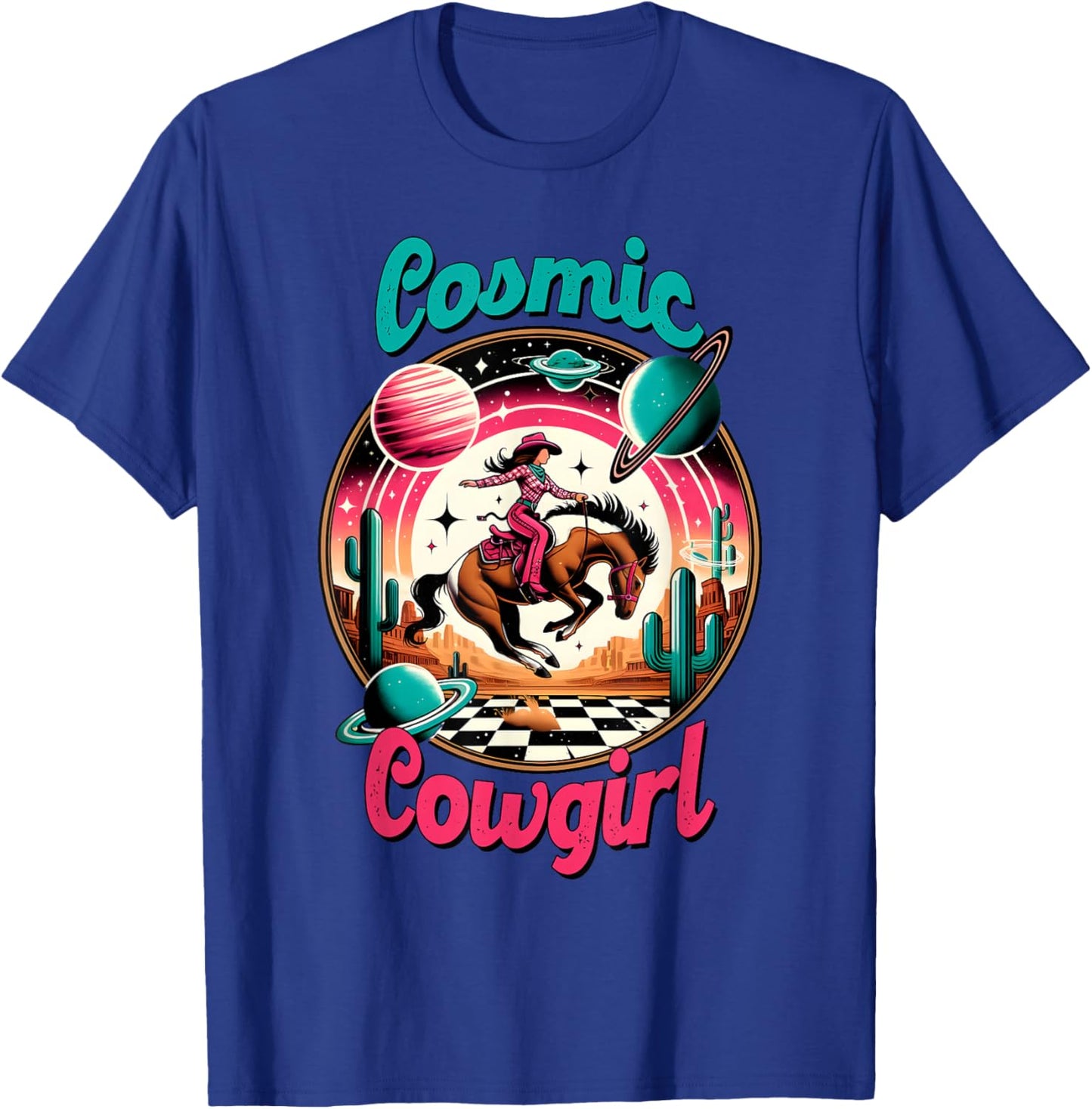 Cosmic Cowgirl Retro Astronaut Planets Outer Space Sci Fi T-Shirt - T-Shirt | Royal