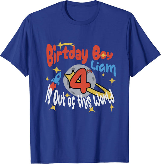 Kids Boys 4th Birthday Liam Space Birthday Boy Out of World T-Shirt - T-Shirt | Royal
