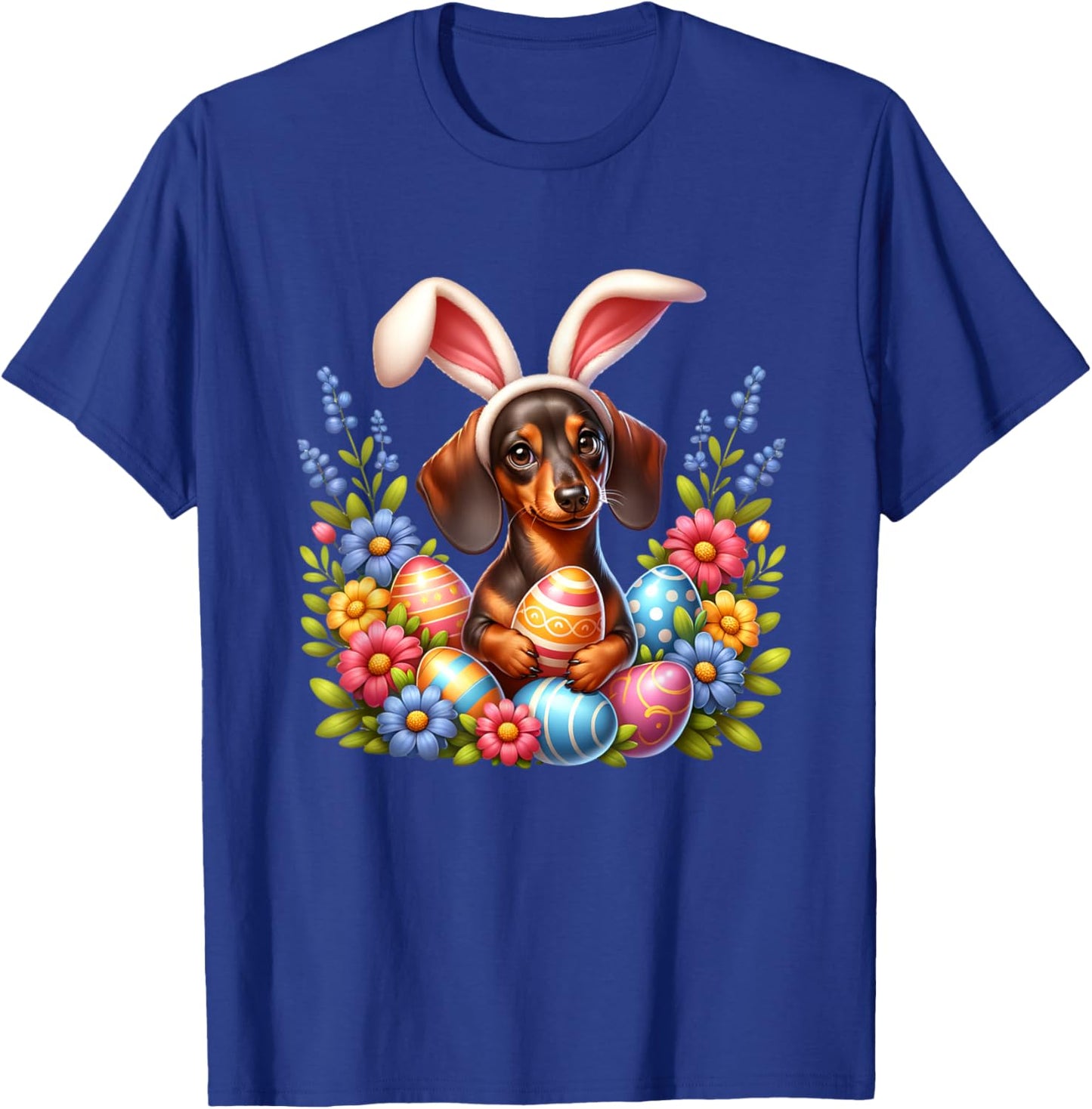 Dachshund Easter Dog Bunny Ears Easter Eggs Spring Flowers T-Shirt - T-Shirt | Royal