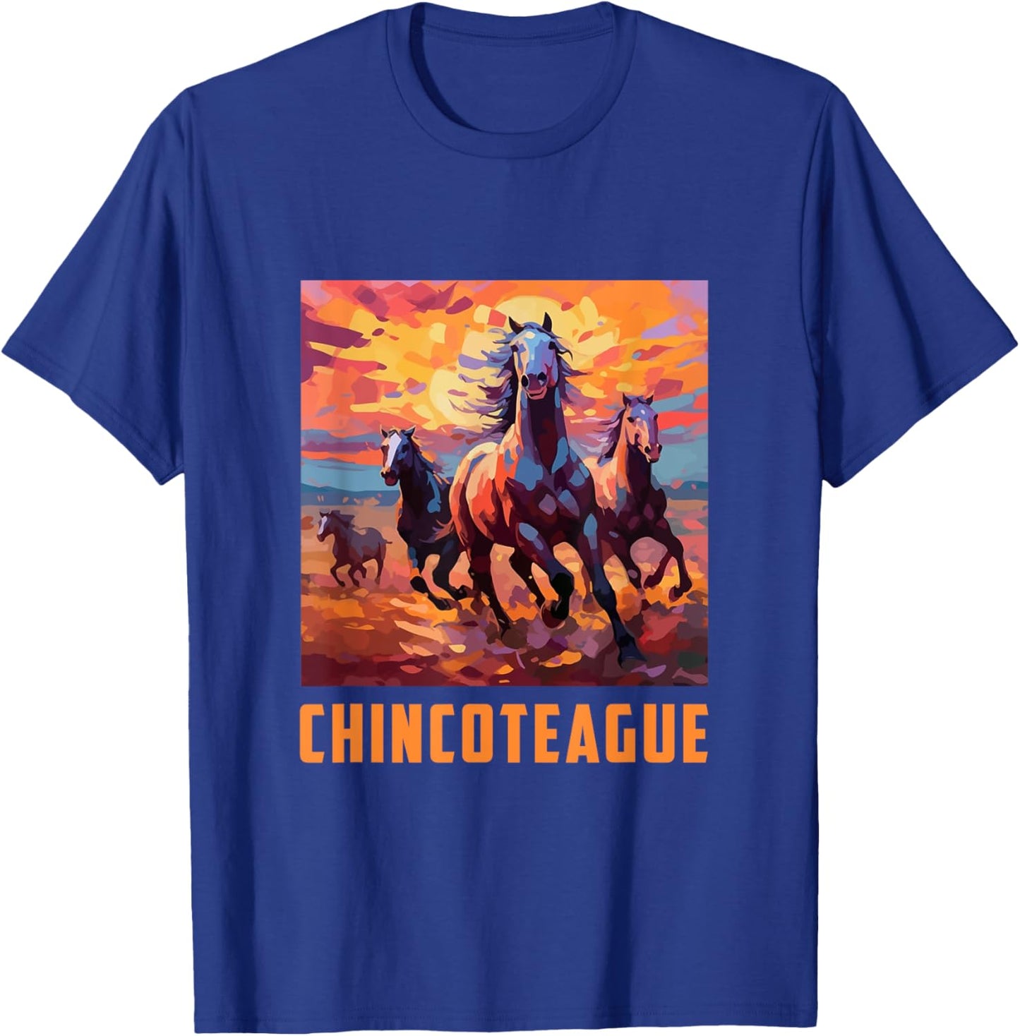 Colorful Watercolor Wild Horse Graphic Chincoteague Virginia T-Shirt - T-Shirt | Royal
