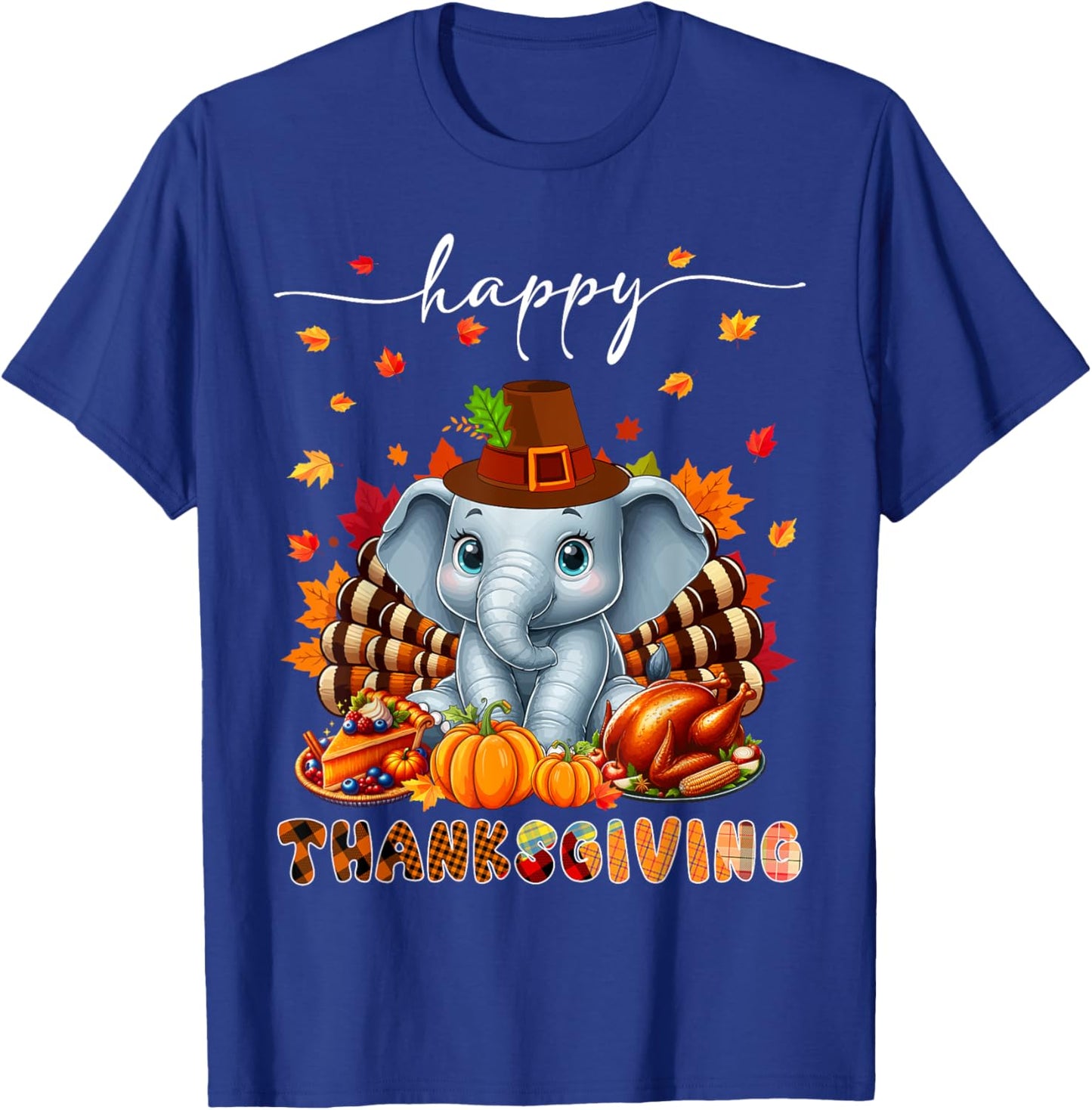 Happy Thanksgiving Elephant Costume Turkey Fall Leaves Food T-Shirt - T-Shirt | Royal