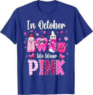 In October we Wear Pink Breast Cancer Leopard Dentist Dental T-Shirt - T-Shirt | Royal