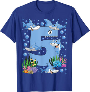 Kids 5 Years Old Shark Ocean Theme 5th Birthday Boy Party T-Shirt - T-Shirt | Royal