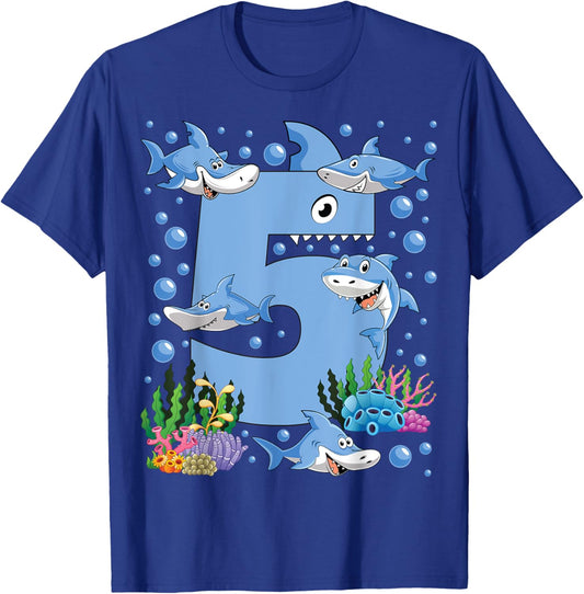 Kids 5 Years Old Shark Ocean Theme 5th Birthday Boy Party T-Shirt - T-Shirt | Royal