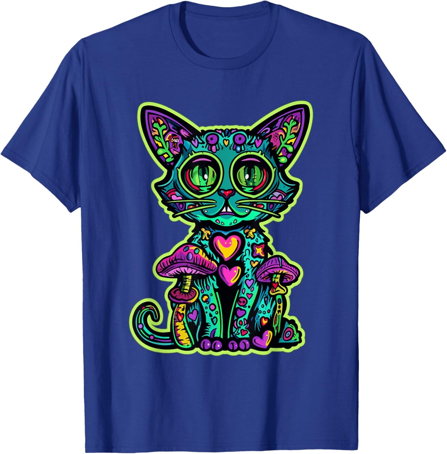 Psychedelic Cat Mushroom Art EDM Rave Men Women T-Shirt - T-Shirt | Royal