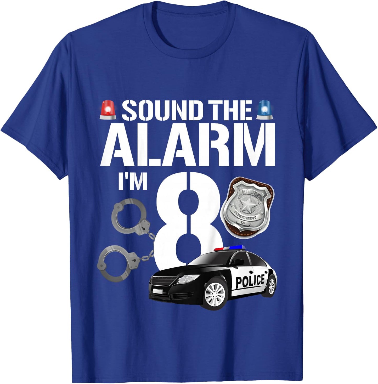Kids 8 Year Old Police Birthday Officer Cop Car 8th Gift Boy T-Shirt - T-Shirt | Royal