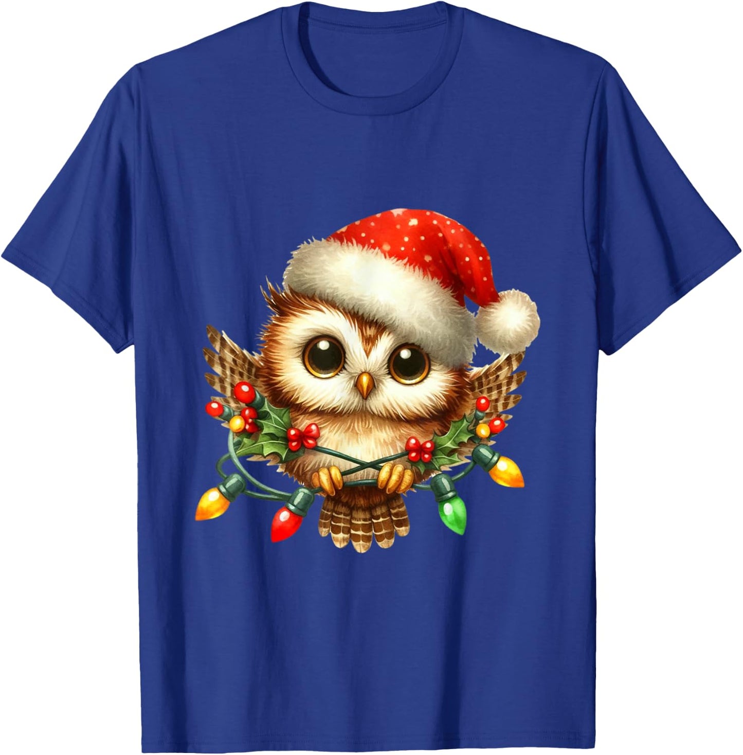 Owl Christmas Lights Santa Hat Xmas Owl Lover T-Shirt - T-Shirt | Royal