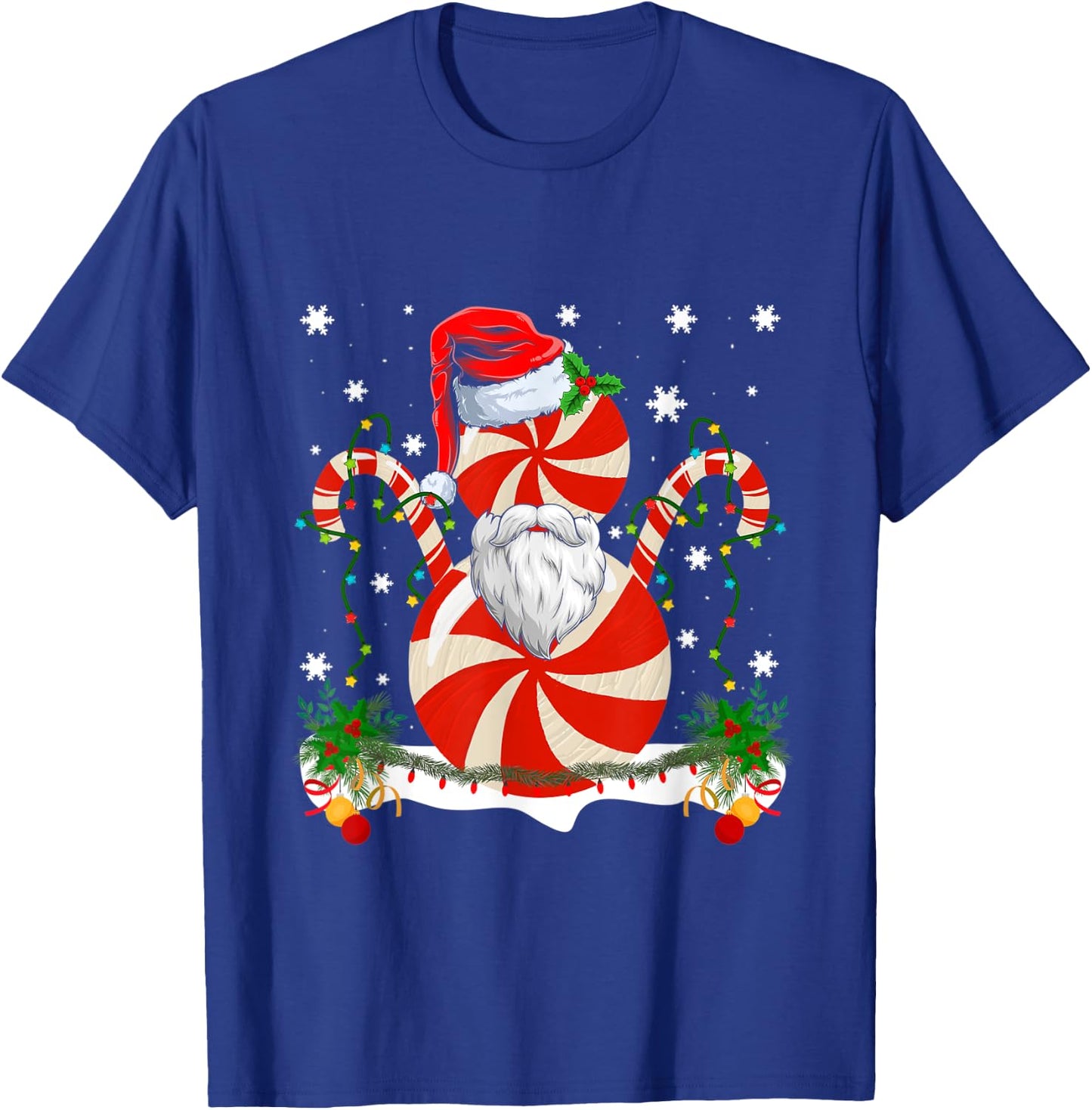 Funny Christmas Peppermint Candy Cane Snowman Decoration T-Shirt - T-Shirt | Royal