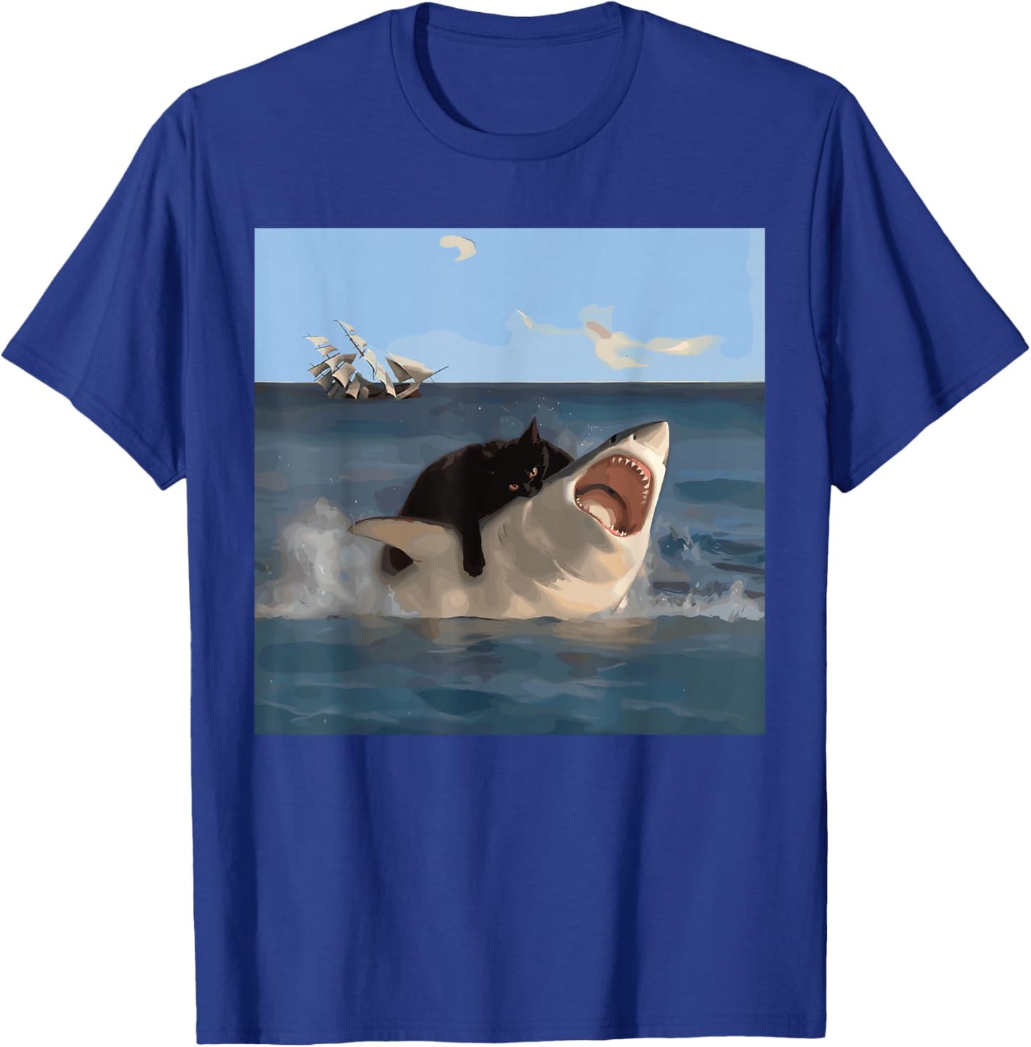 Funny Shark Biting Cat and Shark , Black, S T-Shirt - T-Shirt | Royal