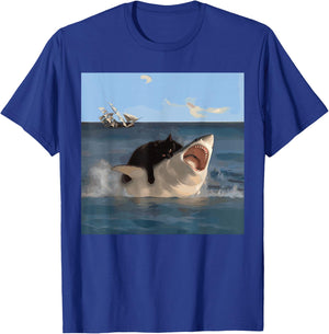 Funny Shark Biting Cat and Shark , Black, S T-Shirt - T-Shirt | Royal