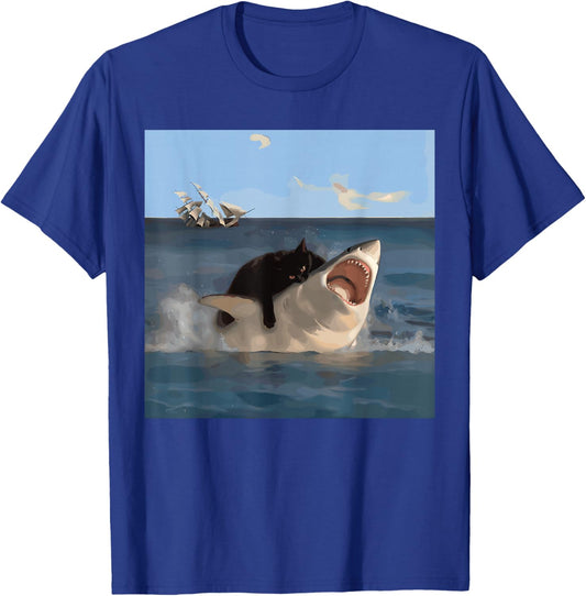 Funny Shark Biting Cat and Shark , Black, S T-Shirt - T-Shirt | Royal