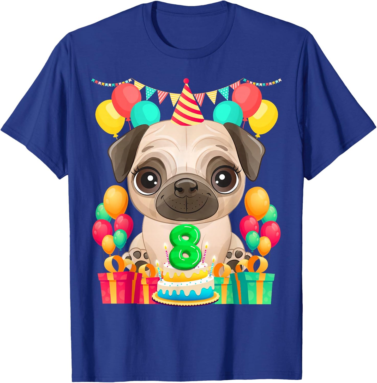 Pug 8th Birthday Gifts 8 Year Old Pug Lover Bday Presents T-Shirt - T-Shirt | Royal