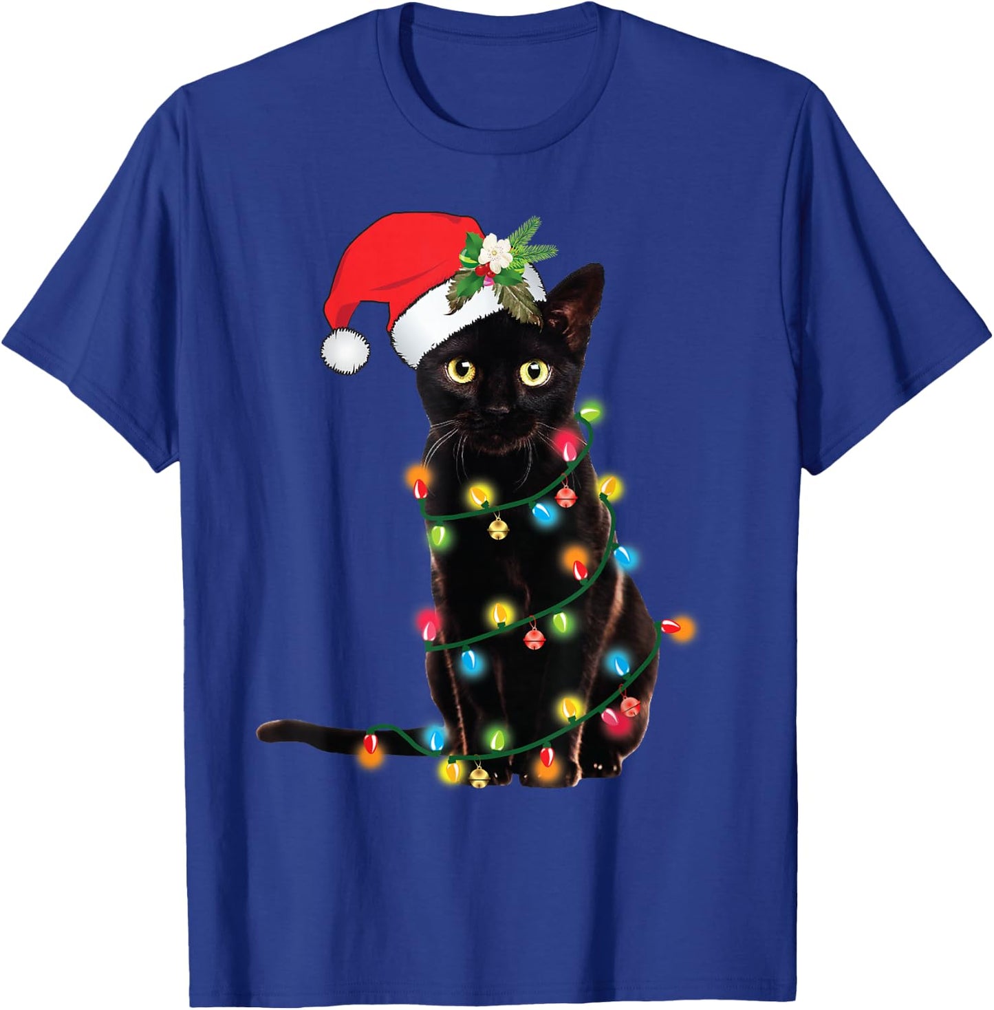 Santa Black Cat Tangled Up In Christmas Tree Lights T-Shirt - T-Shirt | Royal
