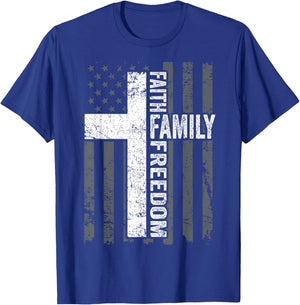 Faith Family & Freedom - Patriotic Christian USA Cross Flag T-Shirt - T-Shirt | Royal