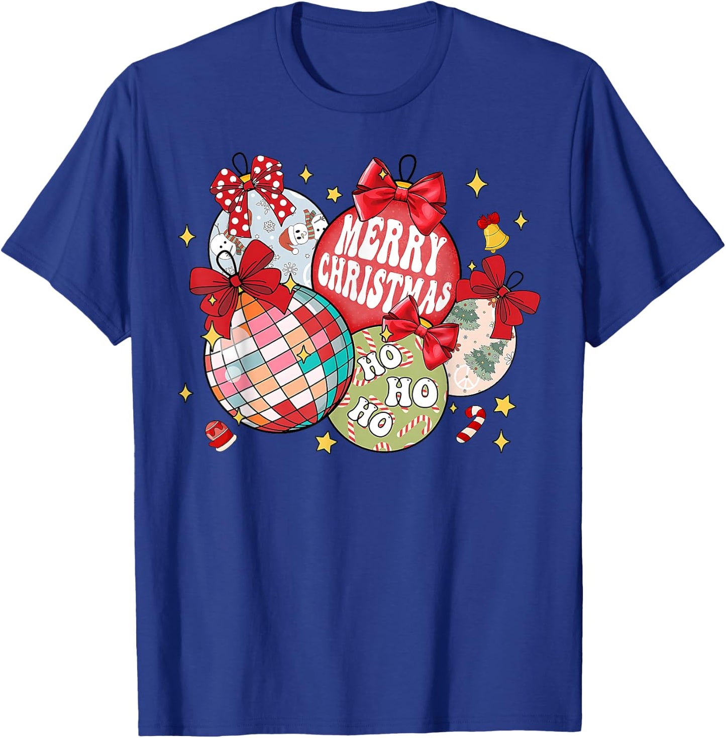 Merry Christmas Ornaments Disco Ball Coquette Bow Xmas Tree T-Shirt - T-Shirt | Royal