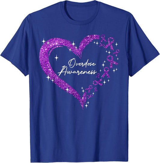 Overdose Awareness Purple Ribbon Drug Addiction Heart T-Shirt - T-Shirt | Royal