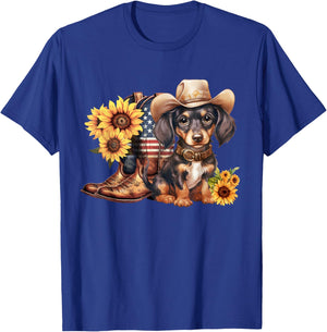 Patriotic Dachshund Dog Cowgirl Boots 4th Of July Sunflower T-Shirt - T-Shirt | Royal