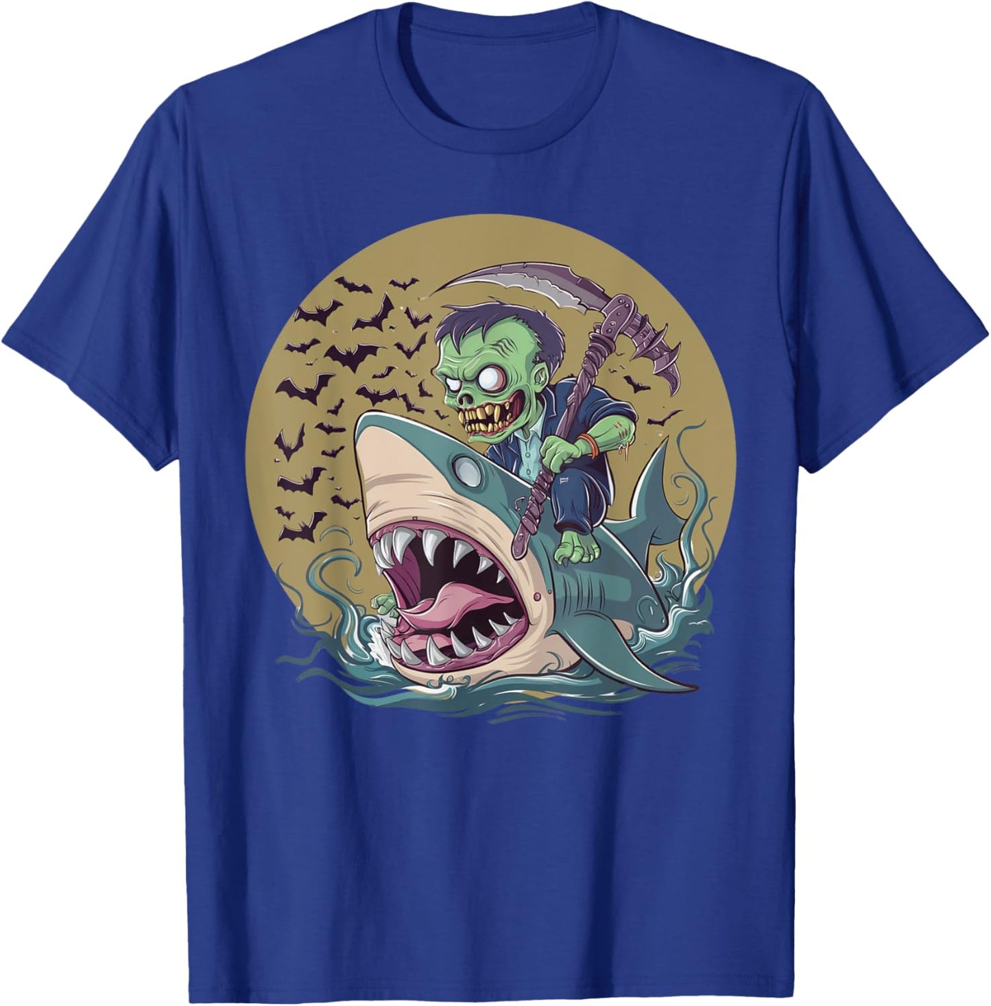 Funny Halloween Zombie Riding Shark Men Women Kid Girls Boys T-Shirt - T-Shirt | Royal