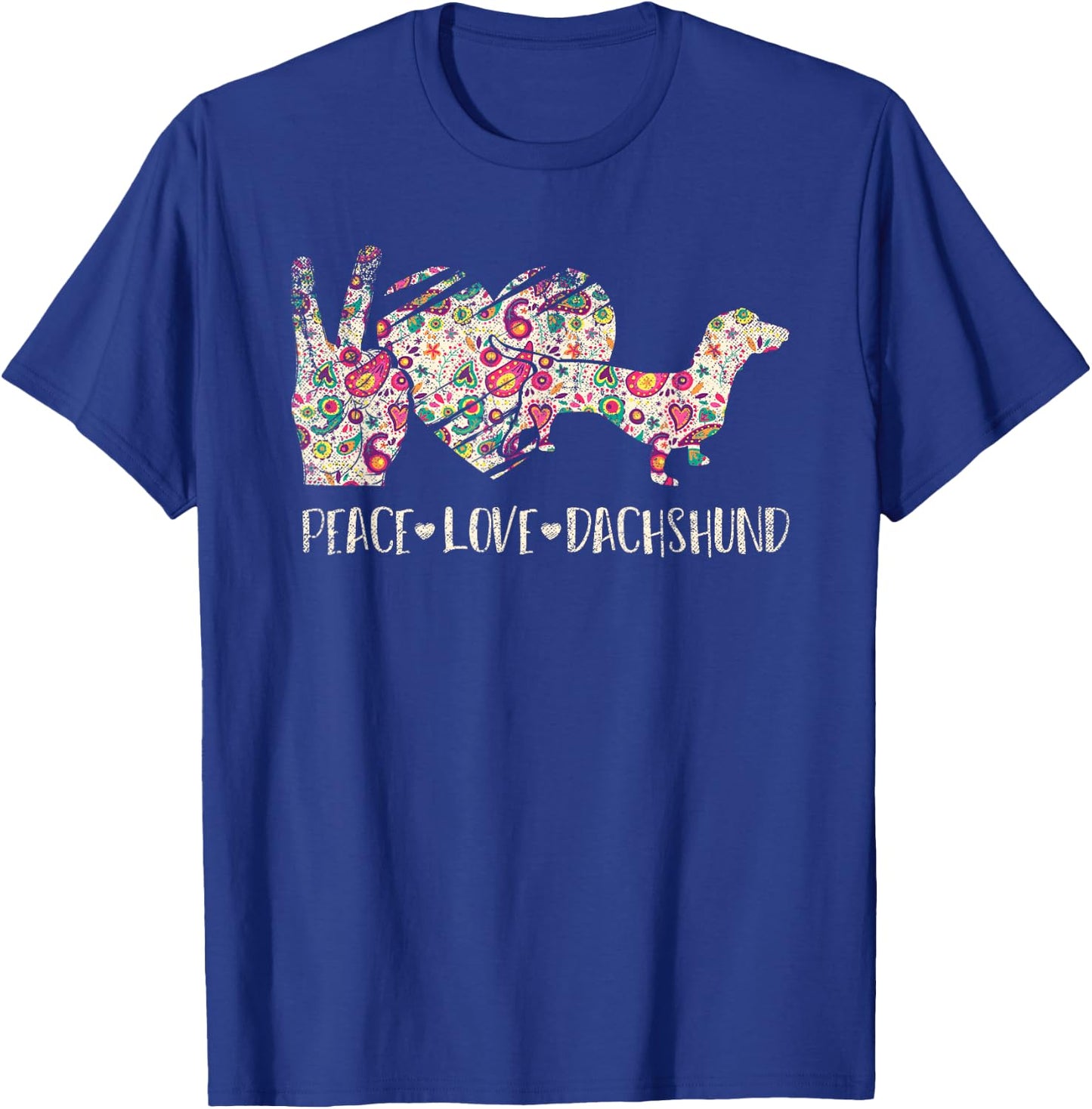 Hippie Dog Lover Gift Wiener Animal Peace Love Dachshund Men Women Kids T-Shirt - T-Shirt | Royal