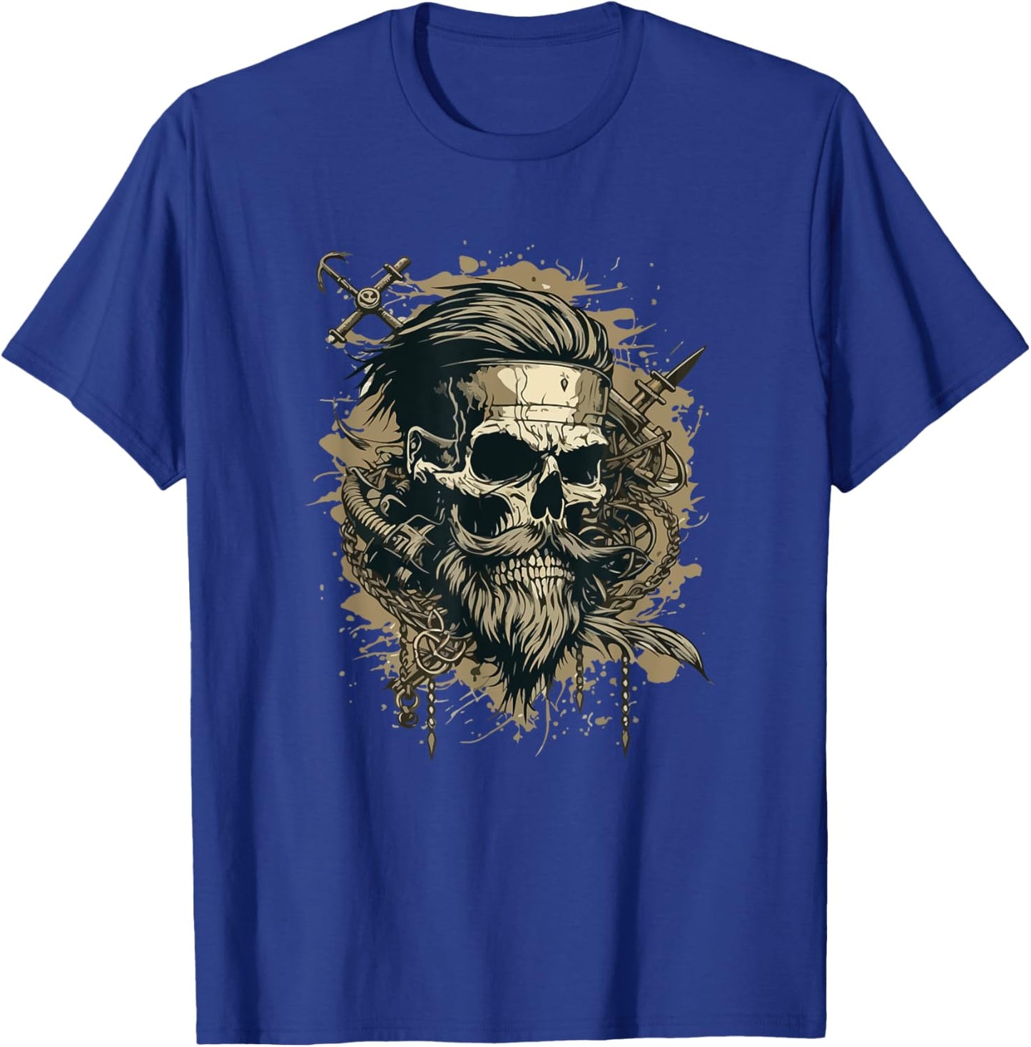 Skull Beard Undercut Pirate Vintage Captain Skeleton Biker T-Shirt - T-Shirt | Royal