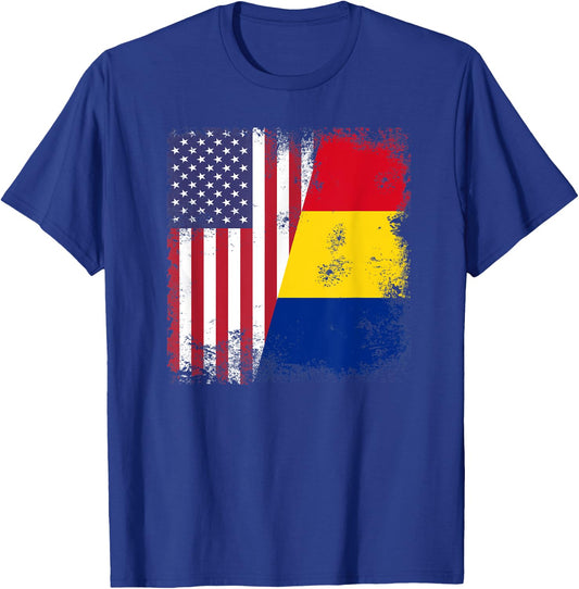 Half Romanian Flag | Vintage Romania USA Gift T-Shirt - T-Shirt | Royal