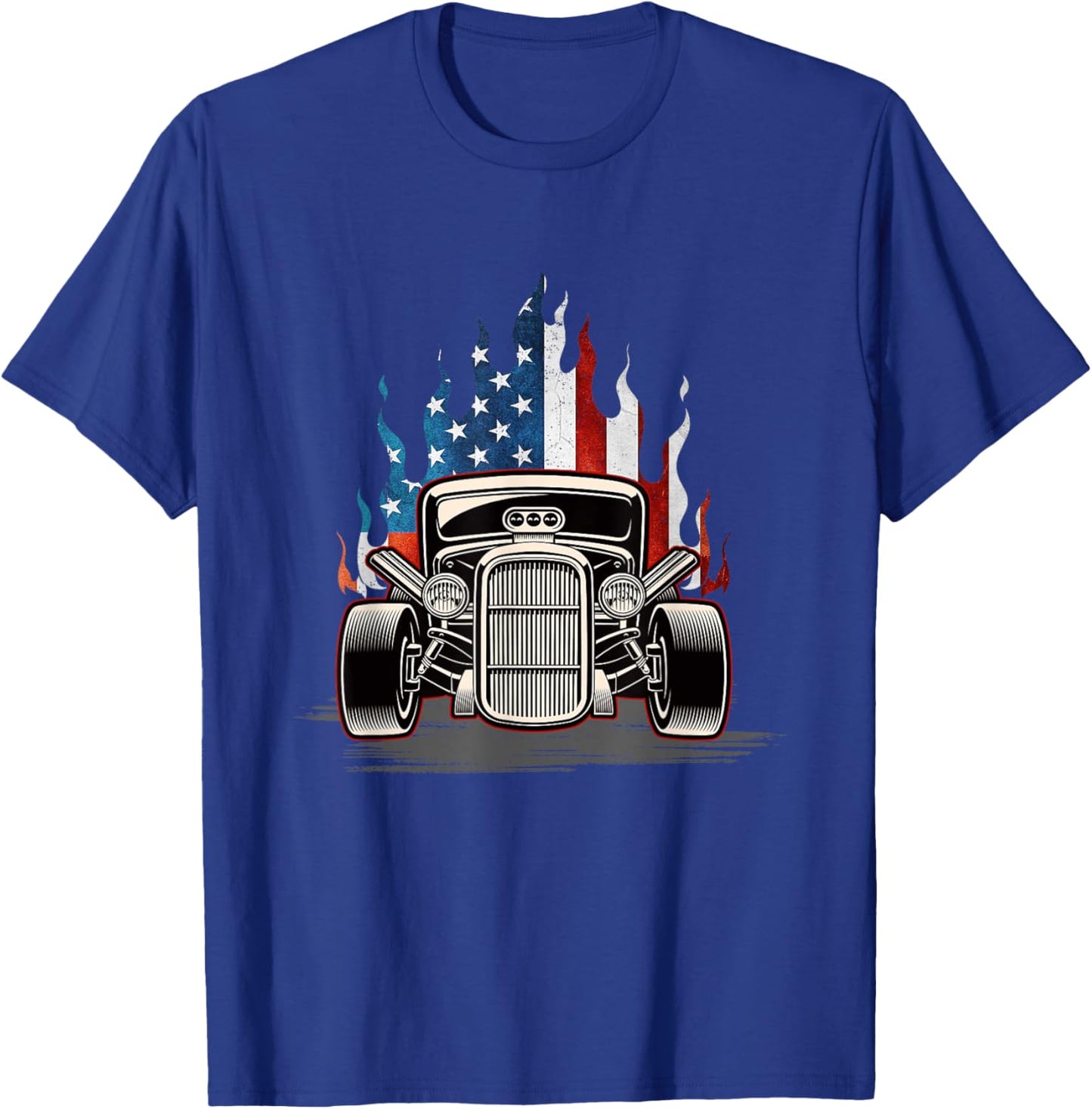 American Flag Vintage Hot Rod Veteran Memorial Day July 4 T-Shirt - T-Shirt | Royal