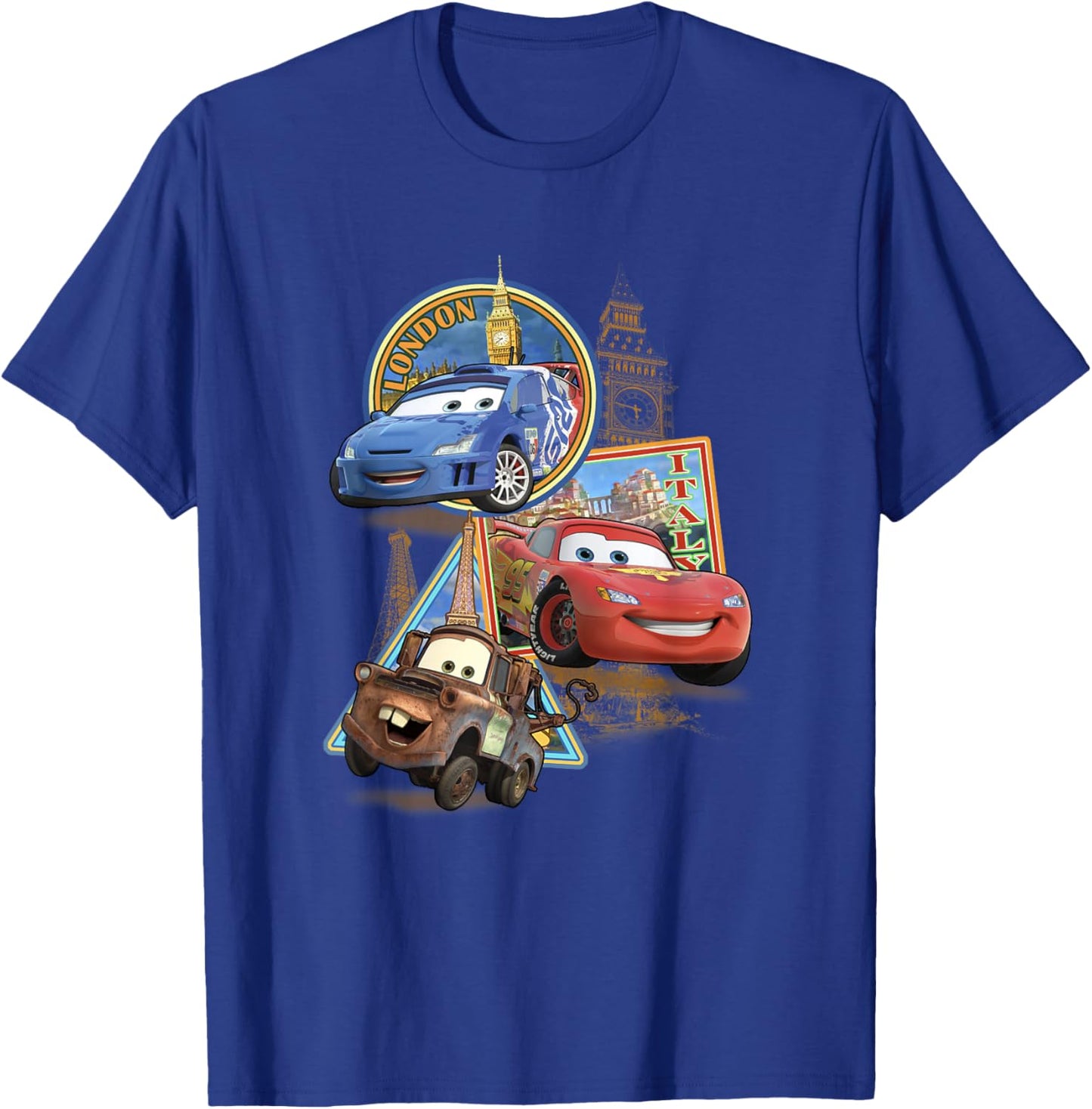Disney Pixar Cars 2 London Italy Paris World Tour Postcards T-Shirt - T-Shirt | Royal