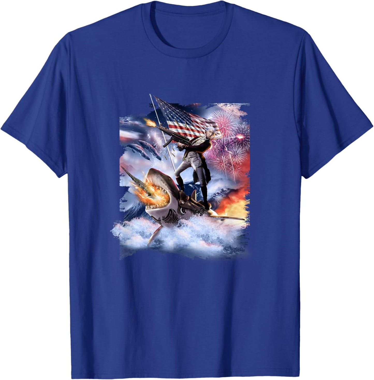 George Washington Riding Shark American Patriotic Funny Men T-Shirt - T-Shirt | Royal