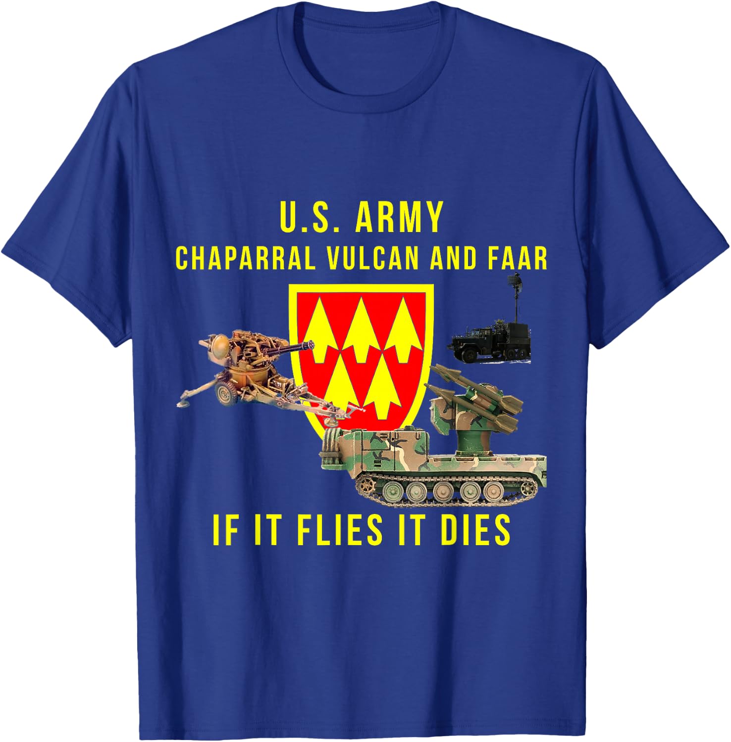 US Army Chaparral Vulcan and FAAR Patriotic 32 AADCOM T-Shirt - T-Shirt | Royal