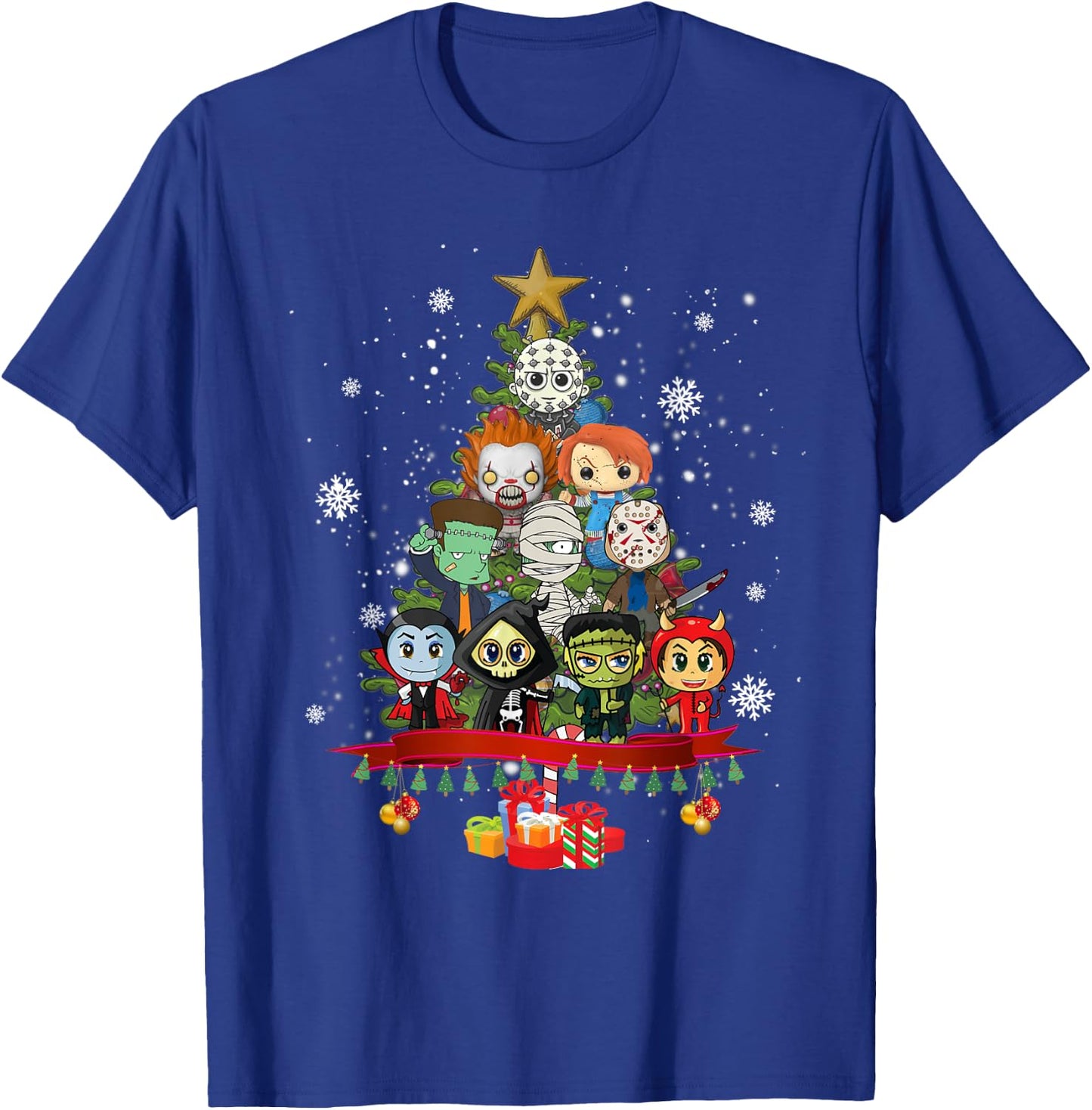 Horror Halloween Christmas Tree Xmas Decor Scary Characters T-Shirt - T-Shirt | Royal