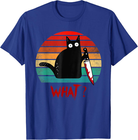 Vintage Cat What? Funny Black Cat Murderous Cat With Knife Women Kids T-Shirt - T-Shirt | Royal