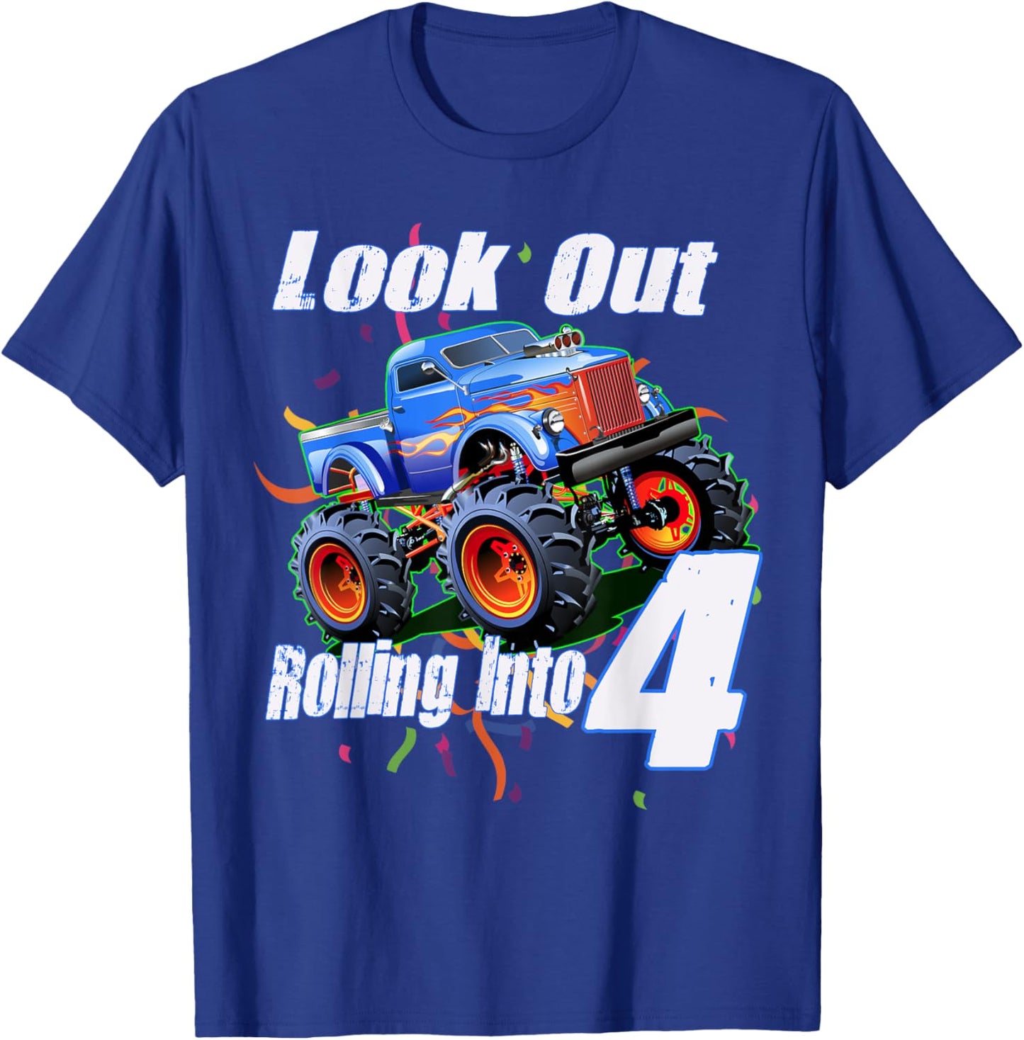 Kids 4 Year Old 4th Birthday Boy Monster Truck Car T-Shirt - T-Shirt | Royal