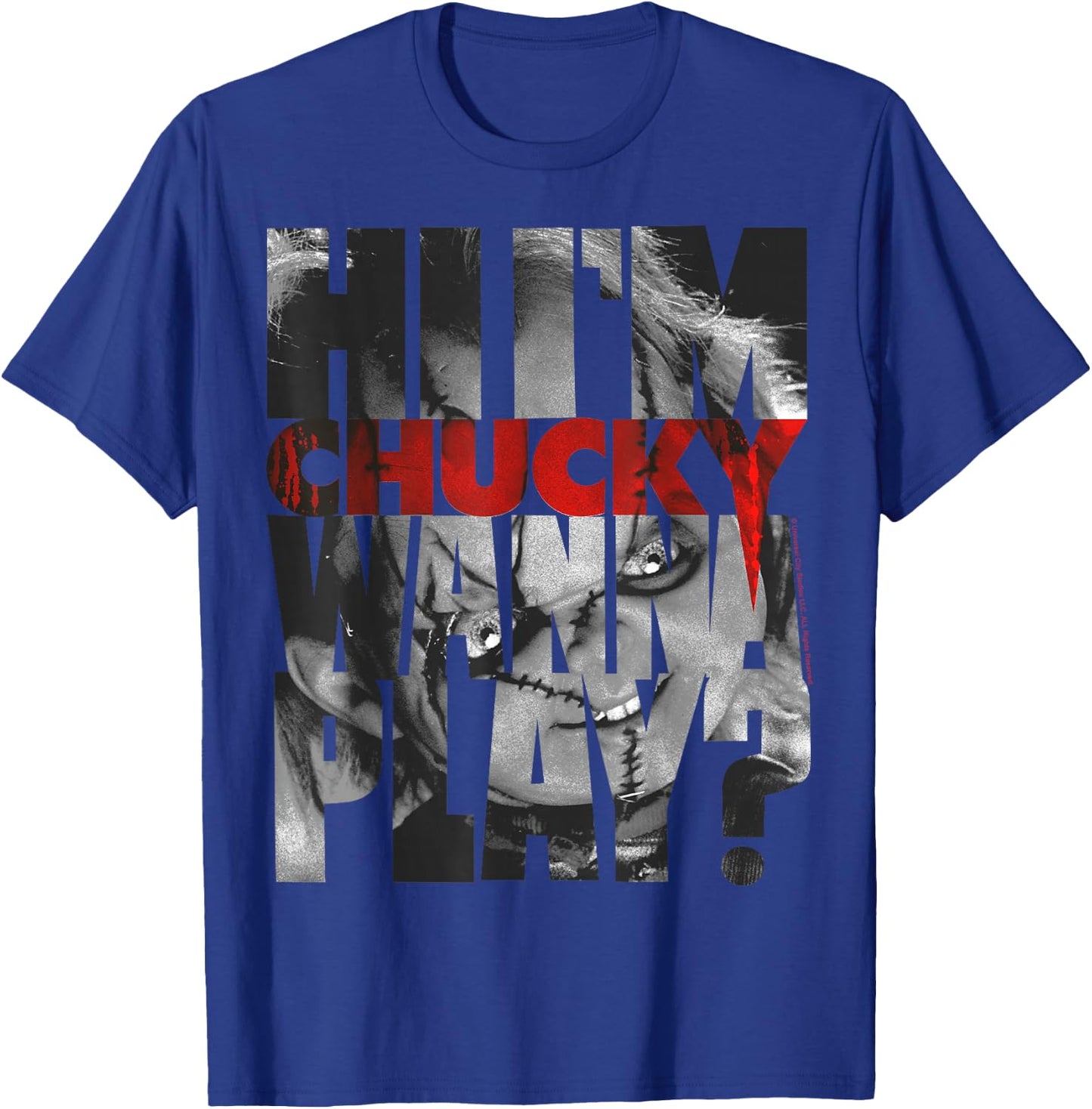 Child's Play Hi I'm Chucky Wanna Play Text Fill Small T-Shirt - T-Shirt | Royal