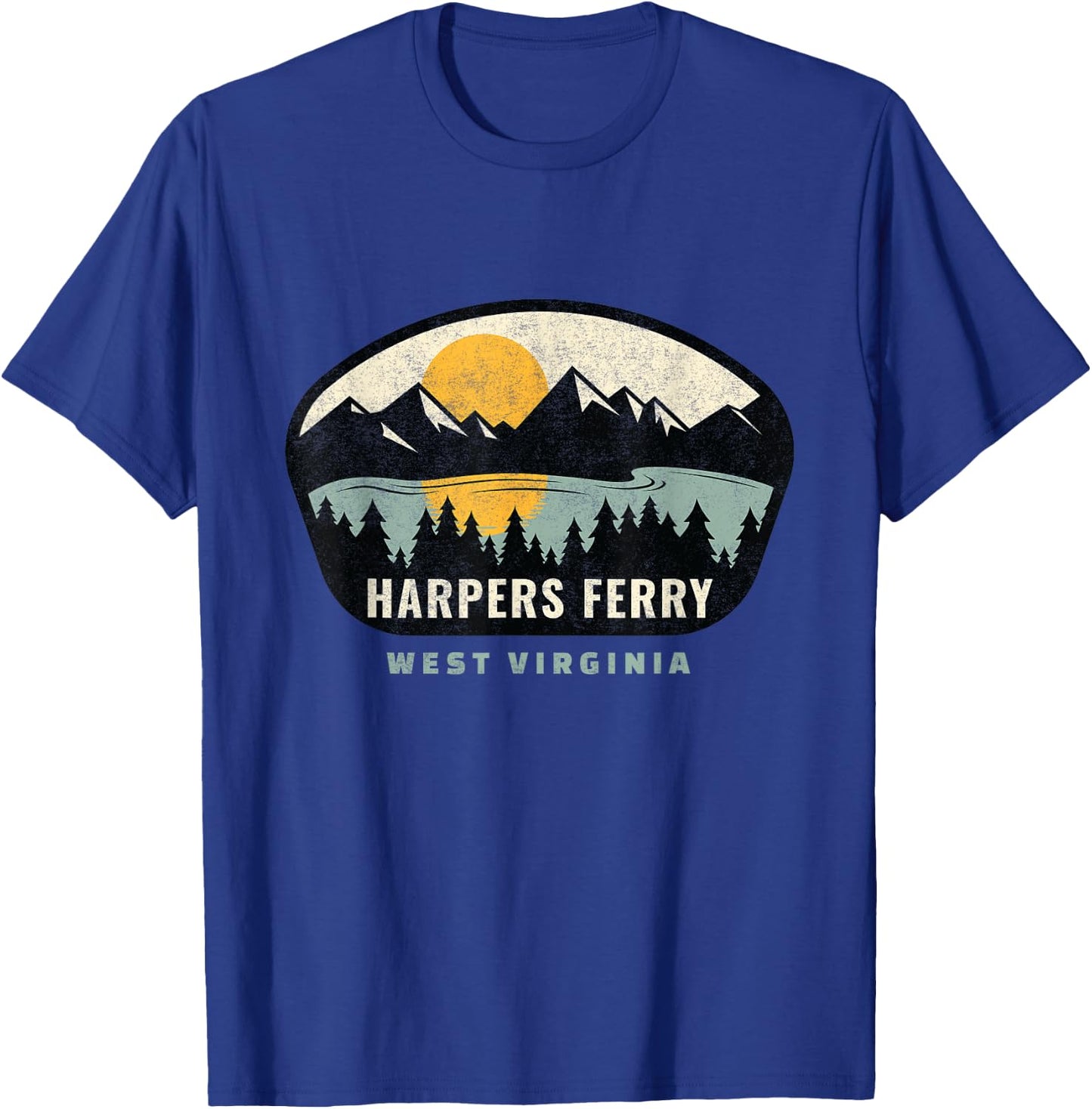 Whyitsme Design -Adults Vacation - Black, Small - Short Sleeve - - Modern - Distressed Design with Sunset Background - Harpers Ferry West Virginia Souvenir T-Shirt - T-Shirt | Royal