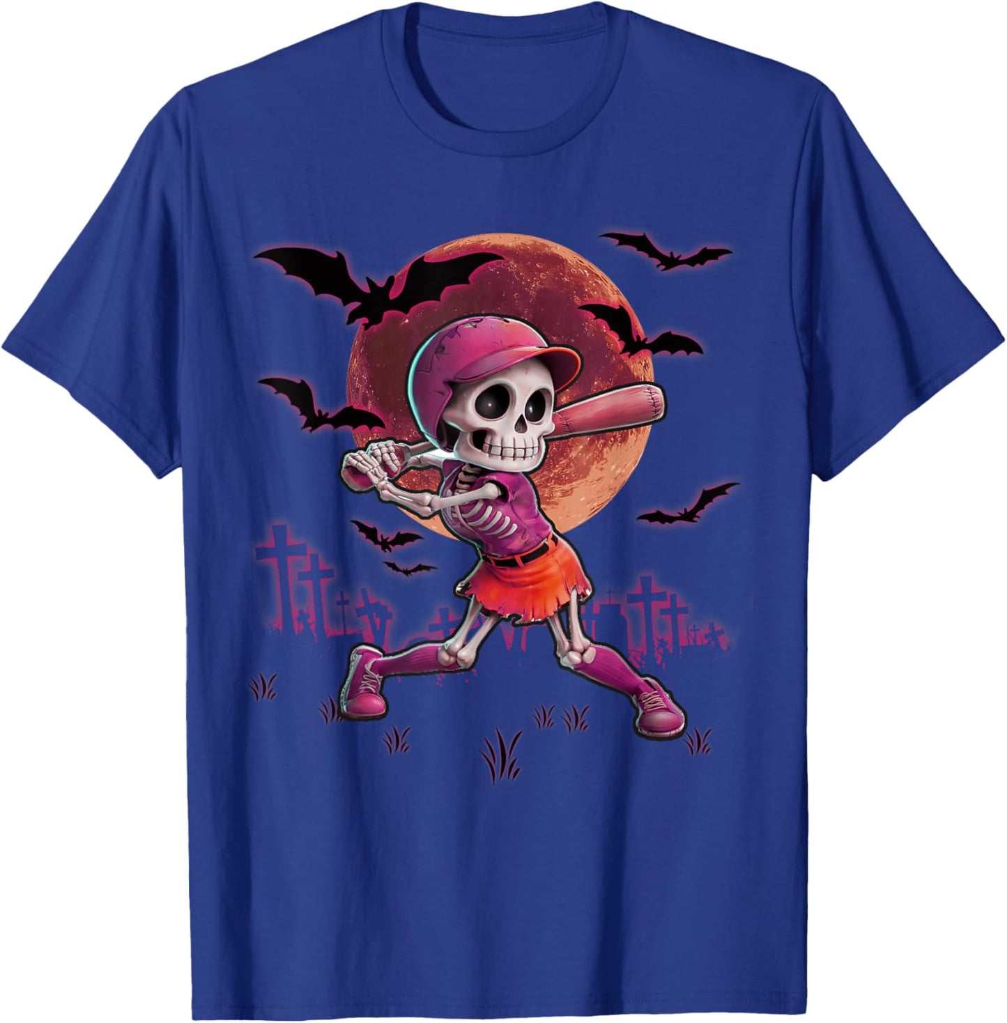 Softball Halloween Skeleton Girl Spooky Season Practice T-Shirt - T-Shirt | Royal