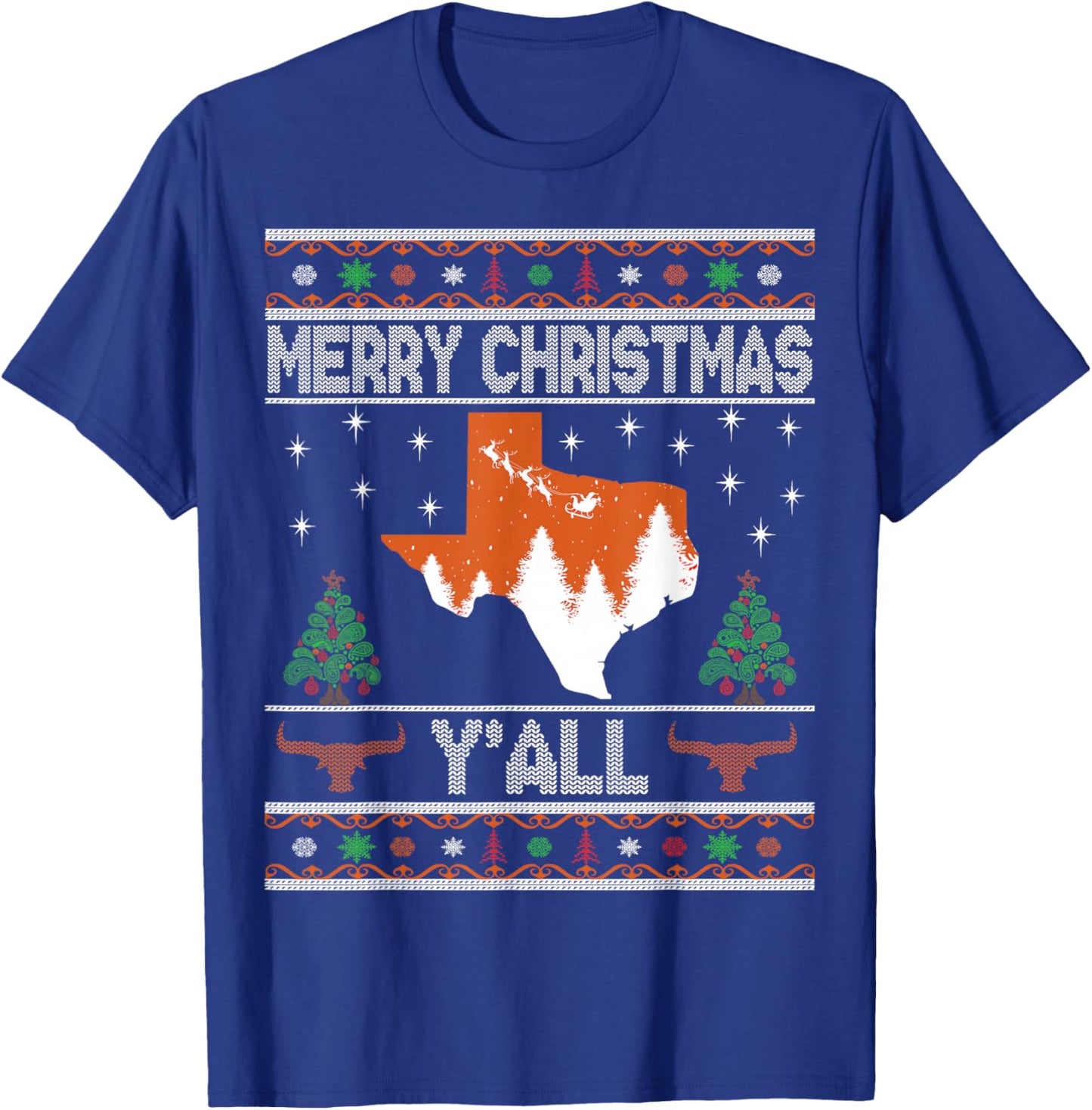 Merry Xmas Y'all Texas Ugly Holiday Longhorn Sweater T-Shirt - T-Shirt | Royal