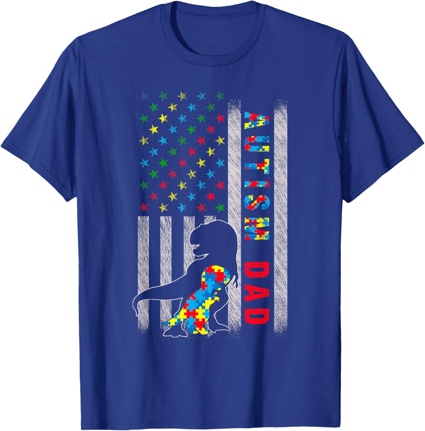 Autism Dad US Flag Dinosaur Autism Awareness T-Shirt - T-Shirt | Royal