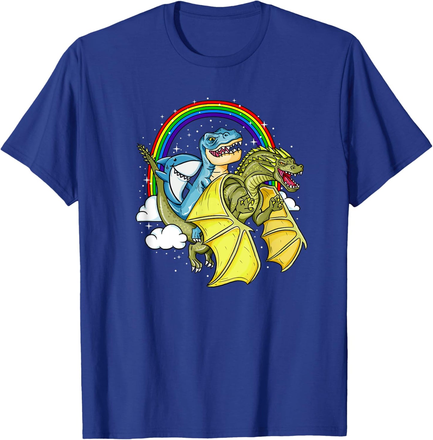 Shark Riding T-Rex Dinosaur Dragon Rainbow Fantasy Gift T-Shirt - T-Shirt | Royal